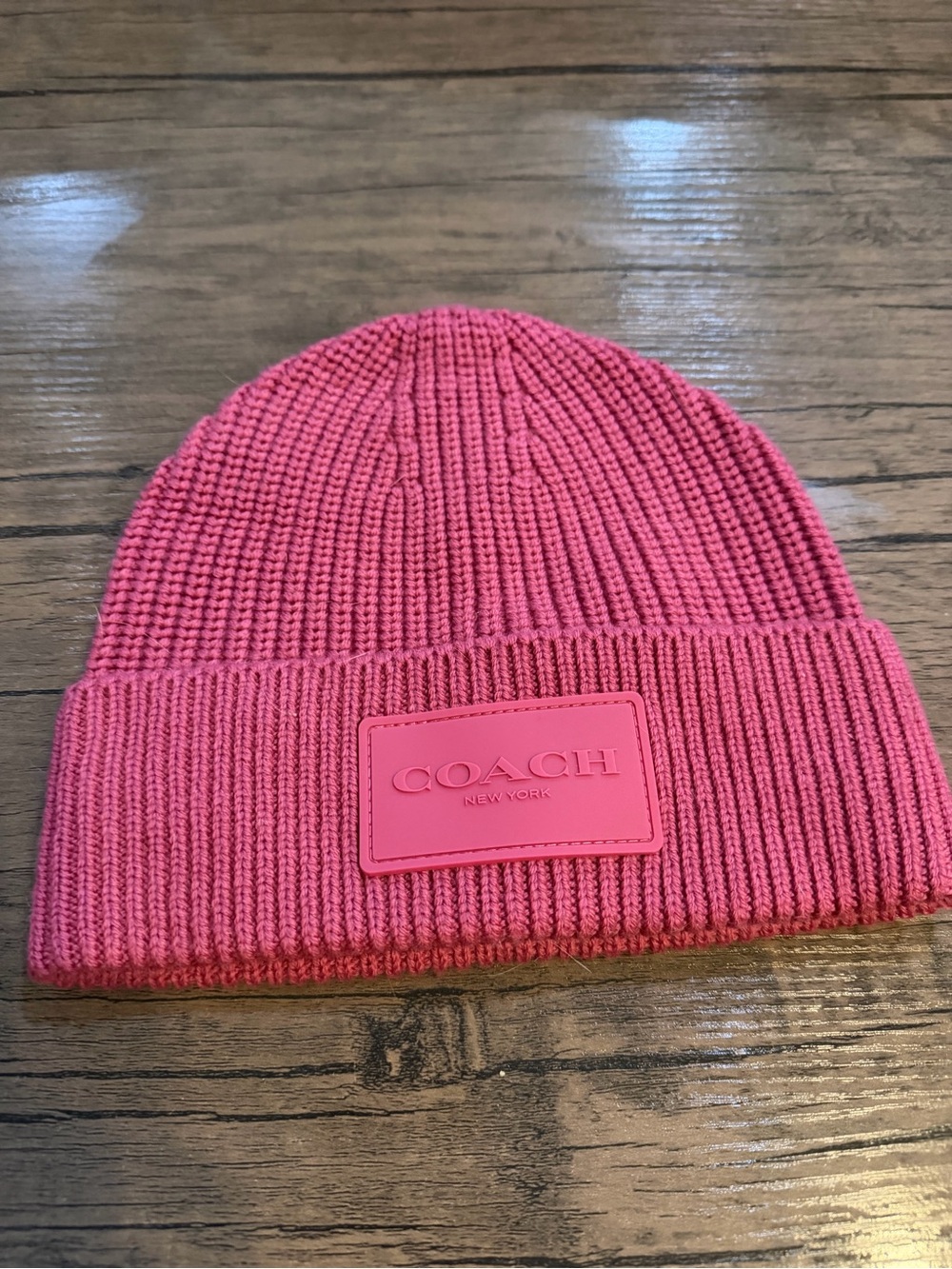 Coach Pink Ribbed Knit Beanie with Logo Patch